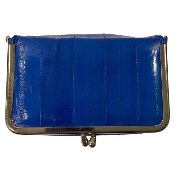 Vintage Coin Purse Eel Skin Clam Shell Make Up Bag Kiss Lock Frame Mirrored Blue - Picture 3 of 15